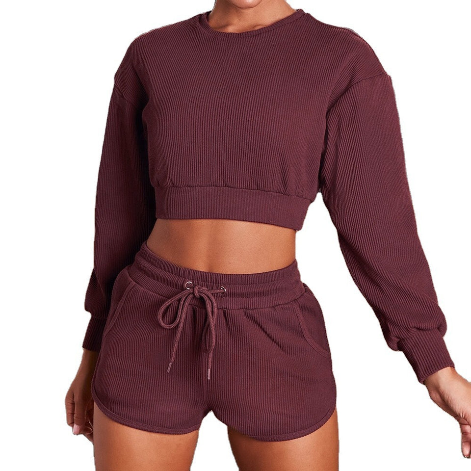 Fashion Long-Sleeved Shorts Sports And Fitness Two-Piece Suit Women
