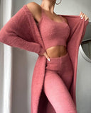Women Fashion Solid Fluffy Plain Crop Top & Skinny Pants & Longline Coat Set Warm Cozy Suit Sets