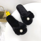 Home non-slip slippers female 2021 autumn and winter new word pearl cotton slippers Korean suede bow cotton drag